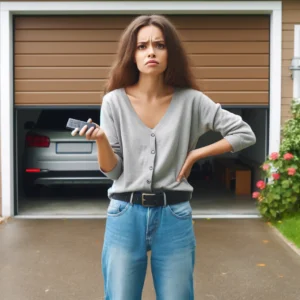 Expert Advice on Garage Door Repair in Sherman, TX: Troubleshooting Opening and Closing Issues 1 DALL·E 2024 05 31 22.55.00 A frustrated woman standing in front of a garage door that wont open. She is wearing casual clothes holding a garage door remote in one hand and ha