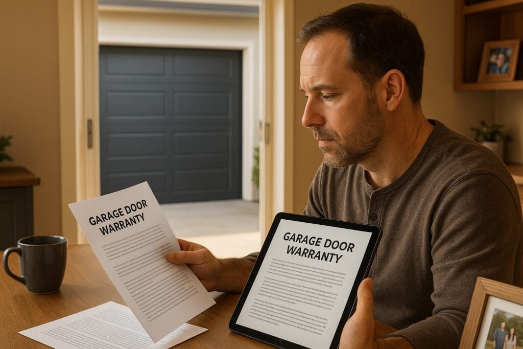 Warranties and Lifespan Expectations for New Garage Door Installation 2 Owner reviewing paperwork during new garage door installation, emphasizing the importance of understanding garage door warranties for future repairs and coverage.