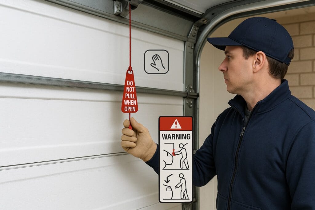Springtime Garage Door Problems That Require Emergency Garage Door Repair in Texas 3 Technician performing emergency garage door repair while holding red safety release cord labeled "Do Not Pull When Open."