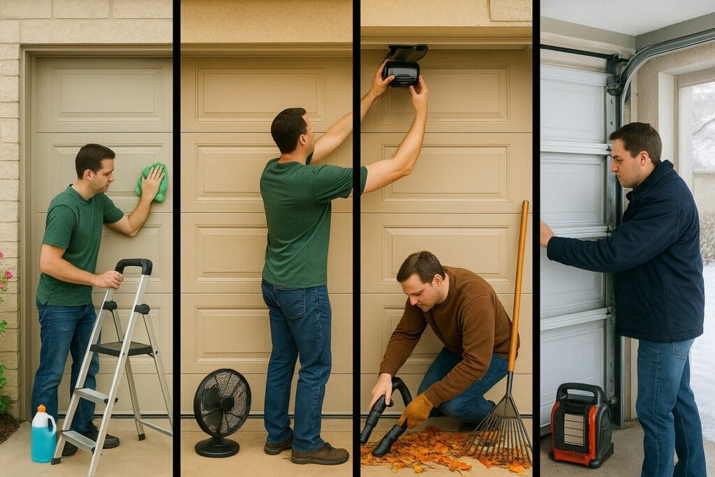 How the Climate in Texas Affects Garage Door Maintenance Needs 3 Four-part collage showing seasonal garage door maintenance: washing the door, testing the opener, clearing debris, and inspecting components for winter readiness.
