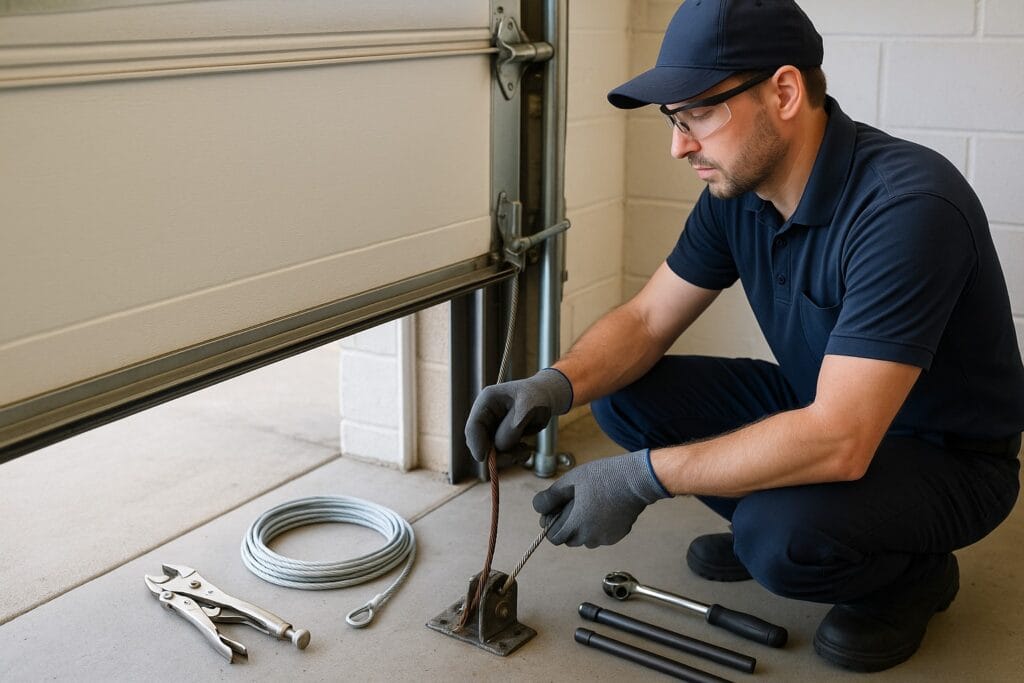 Garage Door Cable Replacement for Detached Garages 3 Technician replacing a rusted garage door cable with a new steel cable, surrounded by tools for garage door cable replacement.