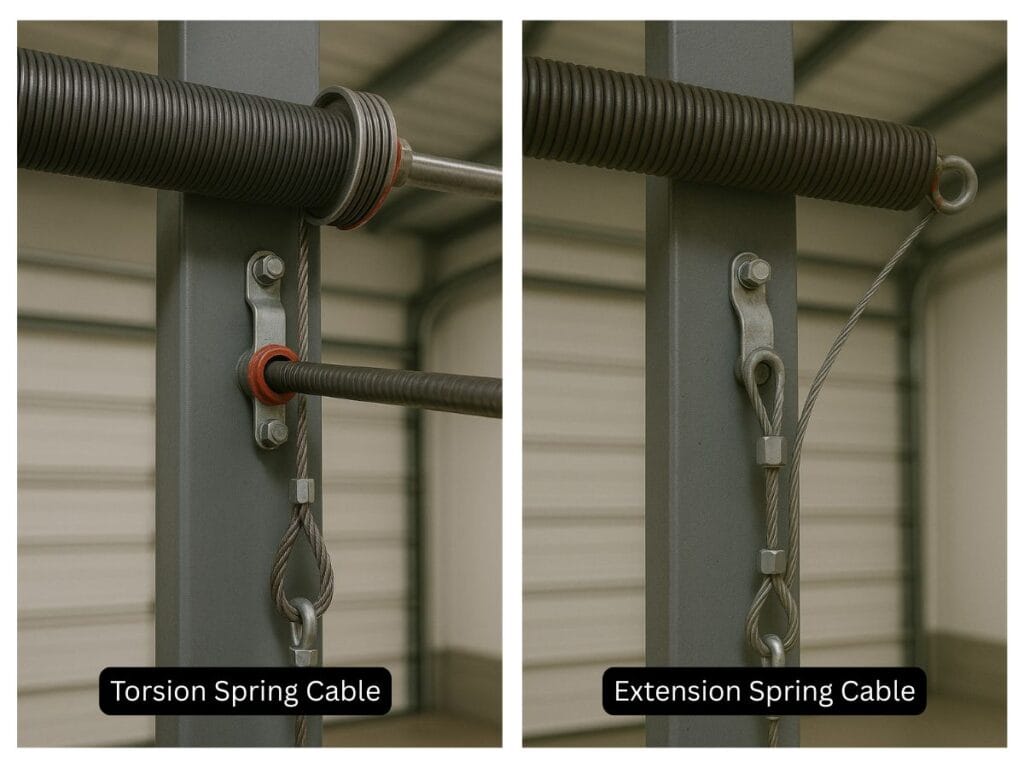 Garage Door Cable Replacement for Detached Garages 2 Side-by-side comparison of torsion spring cable and extension spring cable setups used in garage door cable replacement systems.