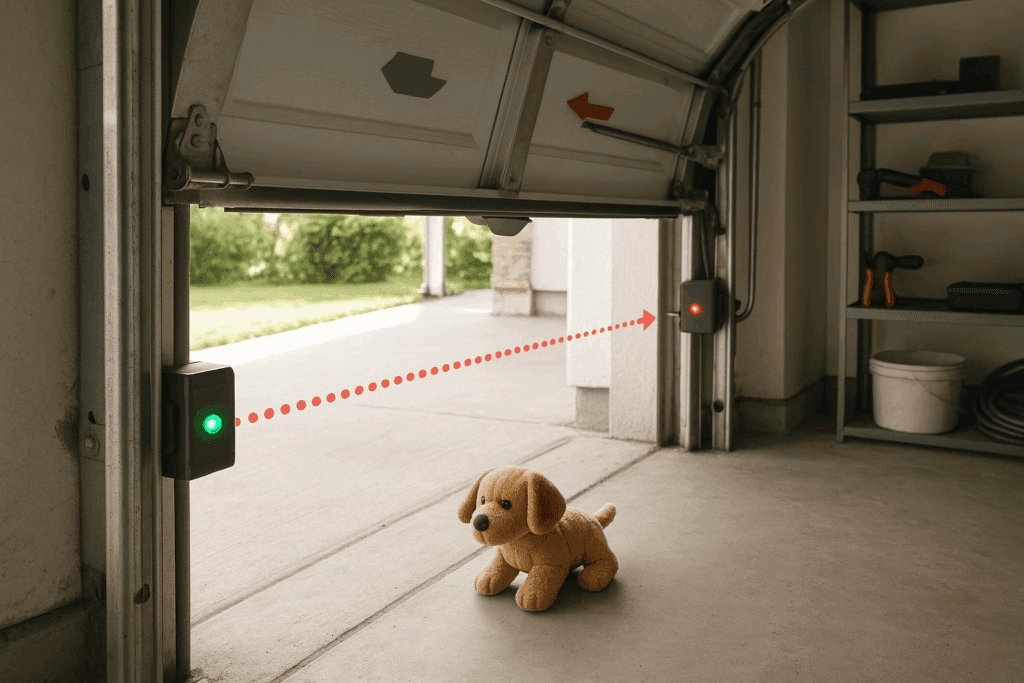Sherman, TX Garage Door Repairs: Avoid Costly Replacements 3 Garage door safety sensors detecting toy dog in doorway, preventing accidents and highlighting importance of garage door repairs.