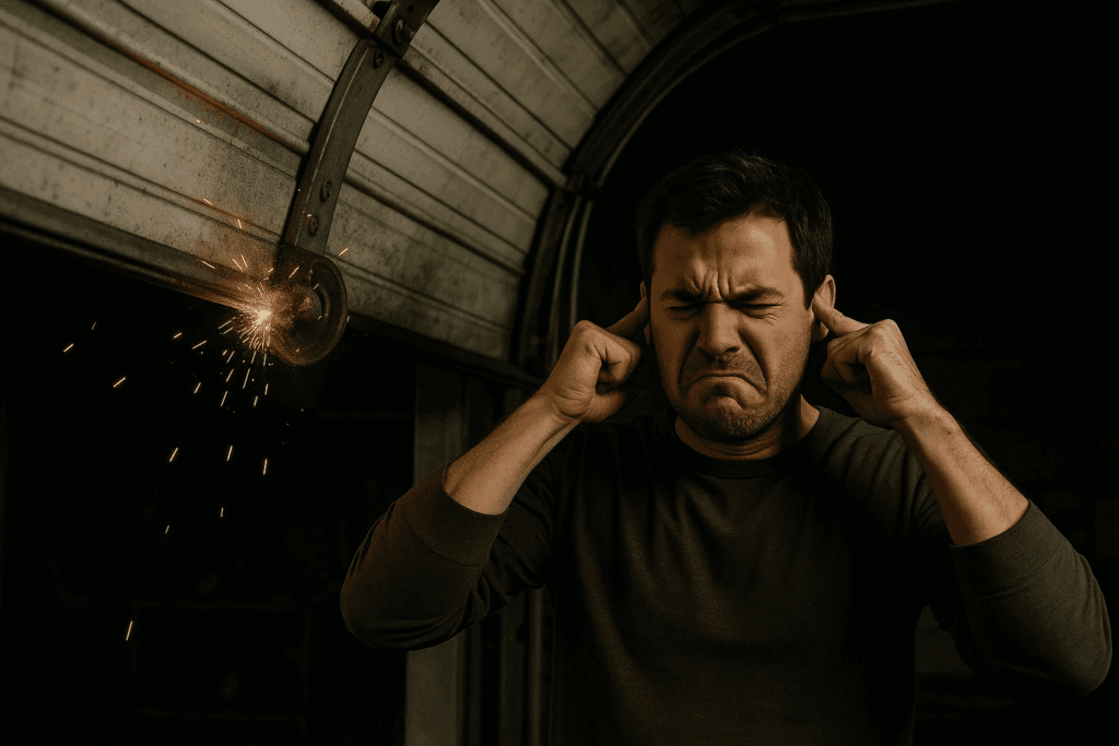 Sherman, TX Garage Door Repairs: Avoid Costly Replacements 2 Man covering ears from sparks and loud noise caused by broken garage door roller, showing need for garage door repairs.
