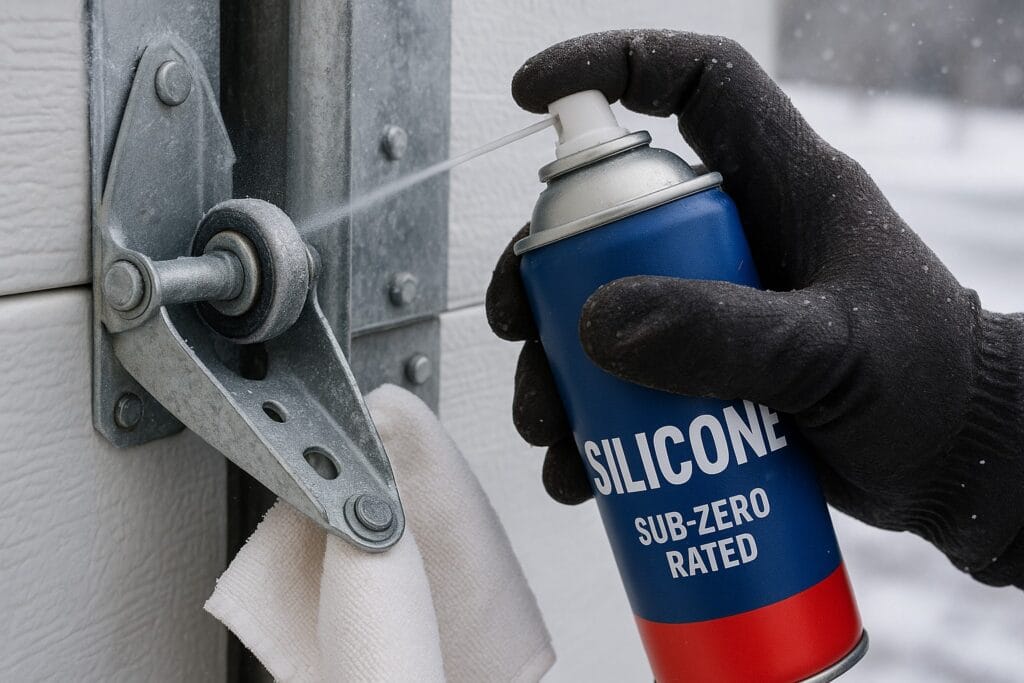 Applying silicone lubricant during winter maintenance to repair garage door parts.