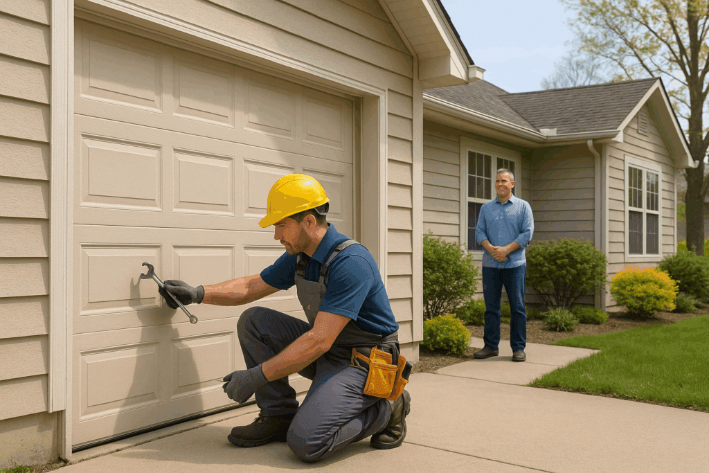 Technician using tools to repair garage door while homeowner supervises.