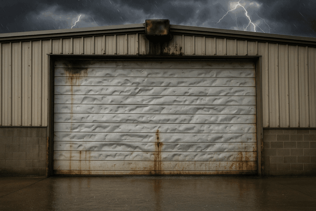 Why Sherman, TX Businesses Should Keep Up With Commercial Garage Door Repair 3 Rusty and dented industrial garage door in stormy weather with lightning in background.