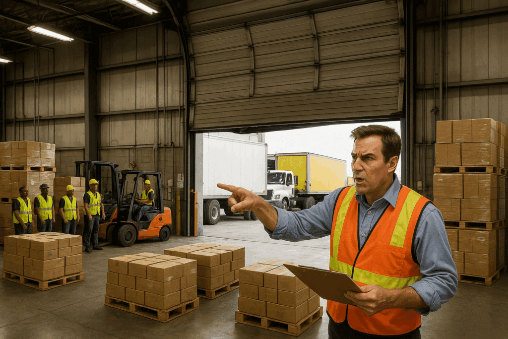 Why Sherman, TX Businesses Should Keep Up With Commercial Garage Door Repair 2 Warehouse supervisor addressing workers about stuck industrial garage door causing delays in forklift operations.