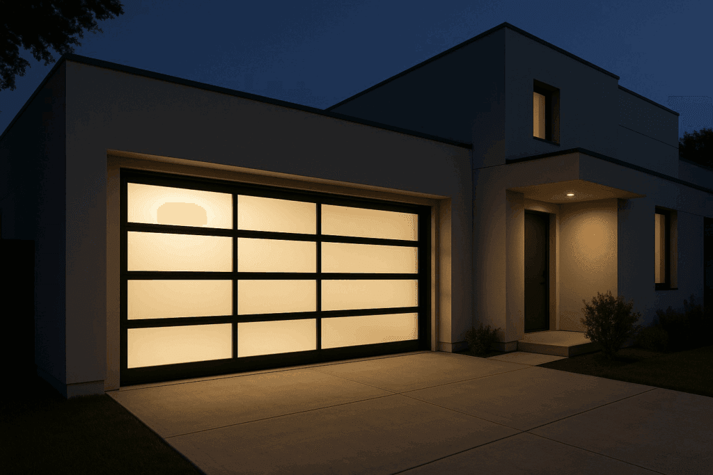 Garage Door Types in Sherman, TX: Local Favorites and Their Advantages 2 Illuminated modern garage doors with sleek glass panels at night.