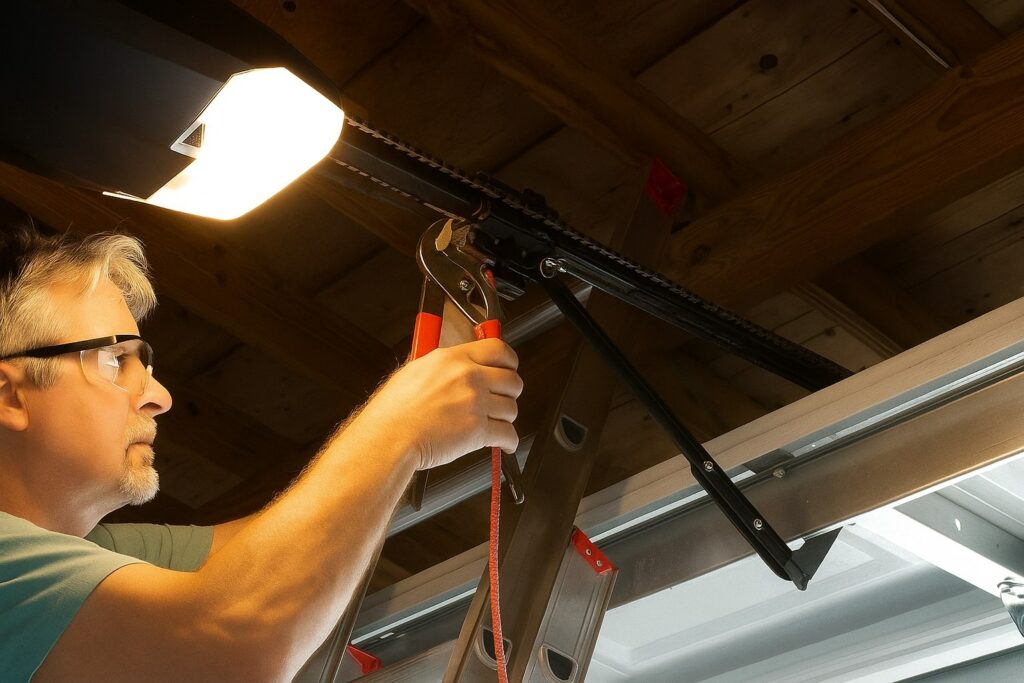 Sherman, TX Garage Door Tune-Up: What Homeowners Should Know 2 Technician performing a garage door tune-up, tightening the opener chain mechanism to ensure smooth and reliable operation.