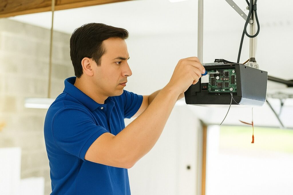 Sherman, TX Garage Door Tune-Up: What Homeowners Should Know 3 Technician performing a garage door tune-up, adjusting the opener motor and inspecting internal wiring for optimal performance.