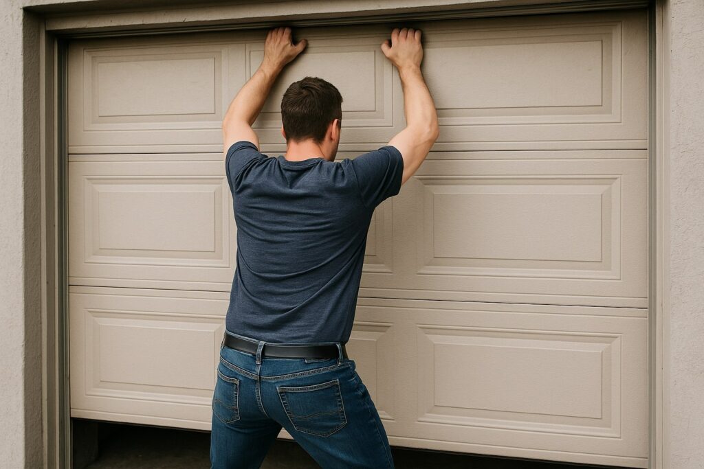 Homeowner straining to lift a heavy garage door by hand, suggesting a stuck door or broken spring.