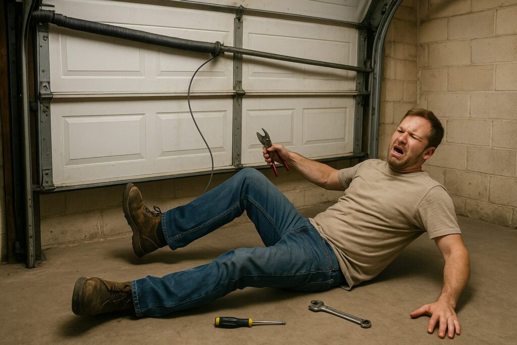 Garage door repair safety warning showing DIY accident near a broken garage door spring.